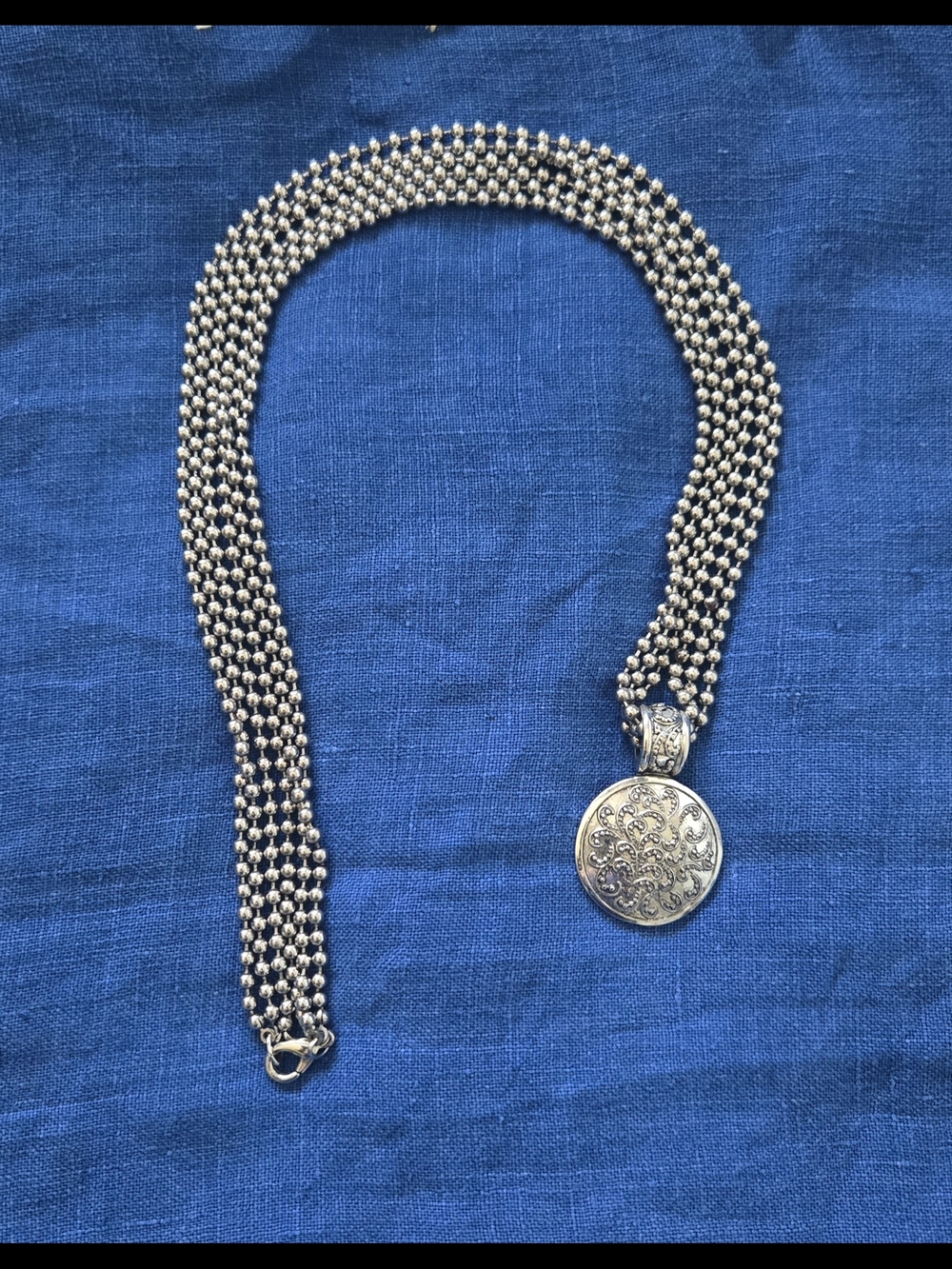 Brighton Silver-Tone Multi-Strand Beaded Necklace with Ornate Round Pendant